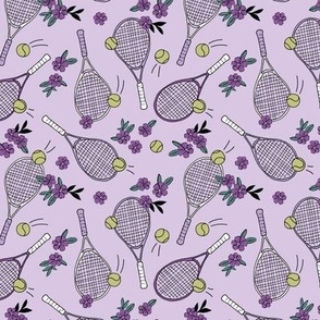 Girls tennis game with racket and ball vintage flower sports design purple lilac 
