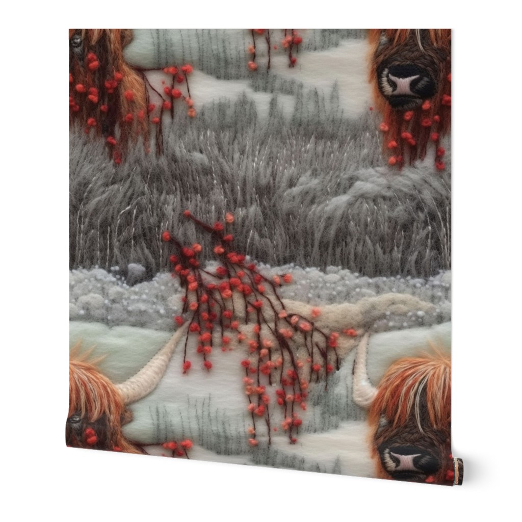 Embroidered Highland Cow  Winter Scenery 