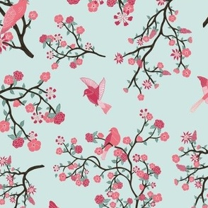 Birds Cherry Blossoms Olive (Green) - JUMBO 24X13