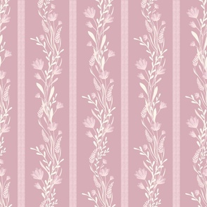 Pale pink wildflowers trailing. Cream and rose vertical lines.