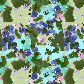 watercolor floral in olive_ blue_ aqua - light