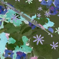 watercolor floral in olive_ blue_ aqua - dark