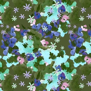 watercolor floral in olive_ blue_ aqua - dark