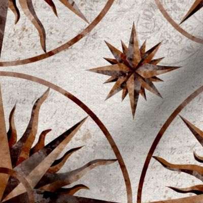 (L) Natural Wood Tones Watercolor Compass Rose Linen Look with Script Large