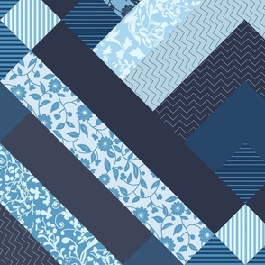 Patchwork Pattern / Cheater Quilt in shades of blue plus white  - jumbo scale