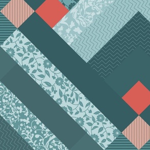 Patchwork Pattern / Cheater Quilt  in shades of teal and red  - jumbo scale