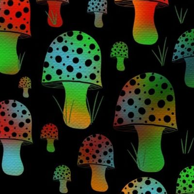 70s Truly Magical Mushrooms on Black Background