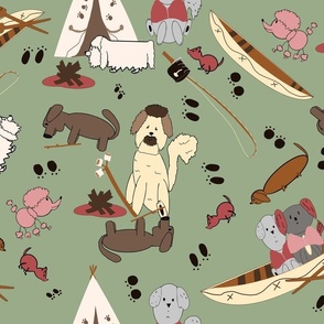 Dog Print Kid Design Quilt Block Dogs Go Camping on Sage Green