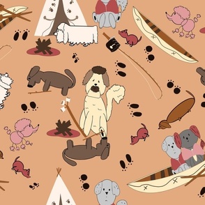 Dog Print Kid Design Dogs Go Camping on Soft Terracotta 