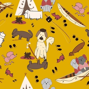 Dog Pattern Animal Print Kids Design Dogs Go Camping on Mustard Yellow