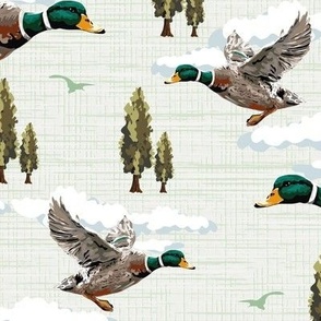 Emerald Green Cottagecore Flying Birds Migrating, Mallard Ducks Migration Scene, Lakeside Living Home decor, Medium Scale
