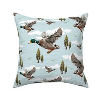 Riverside Birds in Flight Cozy Cabin Core Migration Scene, Emerald Green Blue Mallard Ducks, Lakeside Living Home Decor