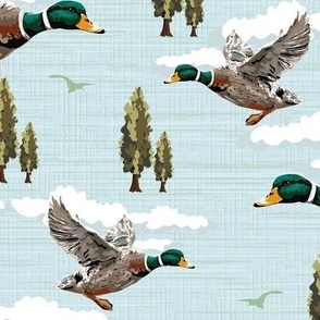 Riverside Birds in Flight Cozy Cabin Core Migration Scene, Emerald Green Blue Mallard Ducks, Lakeside Living Home Decor