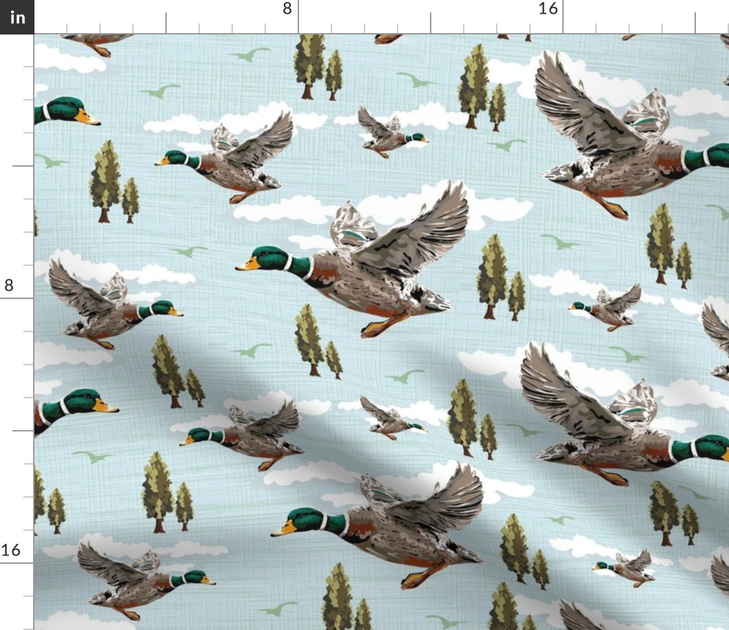 Riverside Birds in Flight Cozy Cabin Core Migration Scene, Emerald Green Blue Mallard Ducks, Lakeside Living Home Decor