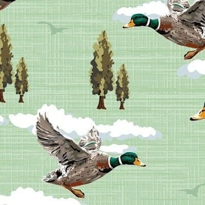 Cozy Cabin Core Mallard Ducks Flying Migration Scene, Lakeside Living Home decor, Emerald Green Blue Birds in Flight