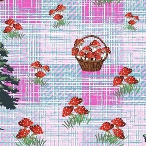 Red and White Mushrooms on Pink Gingham Check, Woodland Fantasy Toadstool Fungi Collecting, Textured Blue Green Pattern