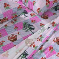 Mushrooms on Pink Gingham Check, Woodland Fantasy Red and White Toadstool Fungi Collecting, Textured Blue Green Pattern