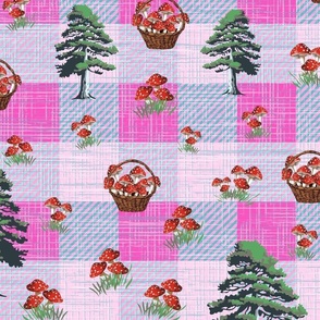 Mushrooms on Pink Gingham Check, Woodland Fantasy Red and White Toadstool Fungi Collecting, Textured Blue Green Pattern