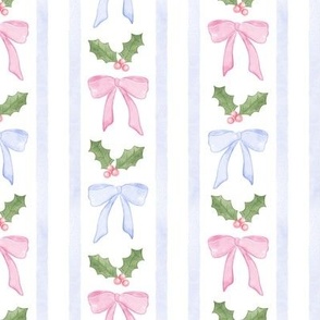 Holly and Pink and Blue Bow, Striped Traditional Vintage Christmas, Grand Millennial, Watercolor, Preppy, Cottagecore PF047E