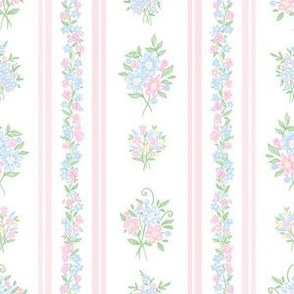 Traditional Country Cottage Floral Stripe Bow Ribbon Floral Bouquet, Flower Vines, Cottagecore, Preppy, Grand Millennial, Missy, Little Girls Bedroom Wallpaper, Bedding 6" PF126F