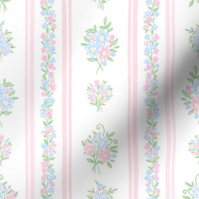 Traditional Country Cottage Floral Stripe Bow Ribbon Floral Bouquet, Flower Vines, Cottagecore, Preppy, Grand Millennial, Missy, Little Girls Bedroom Wallpaper, Bedding 8" PF126F
