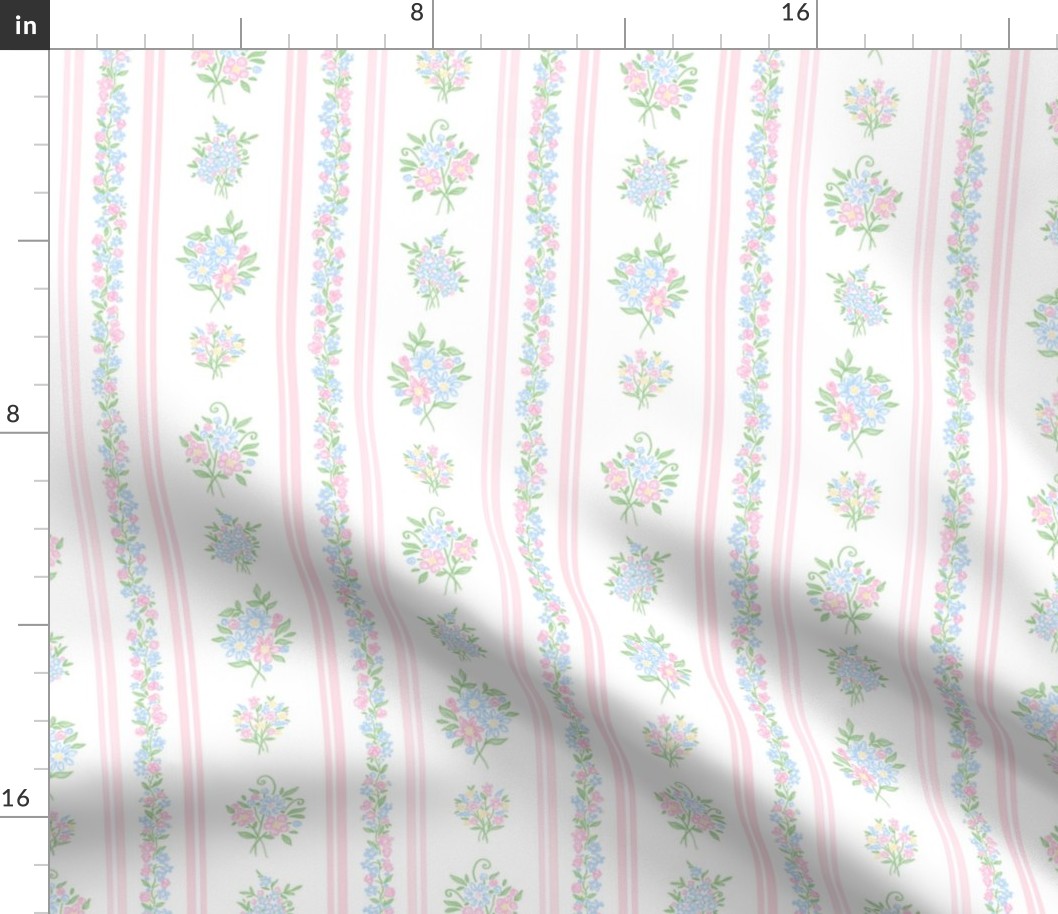 Traditional Country Cottage Floral Stripe Bow Ribbon Floral Bouquet, Flower Vines, Cottagecore, Preppy, Grand Millennial, Missy, Little Girls Bedroom Wallpaper, Bedding 8" PF126F