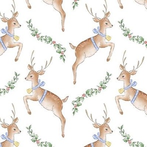 Blue Christmas Reindeer, Fawn, Deer, Vintage Retro Christmas 5" Blue Ribbon Bow Greenery Garland PF141D