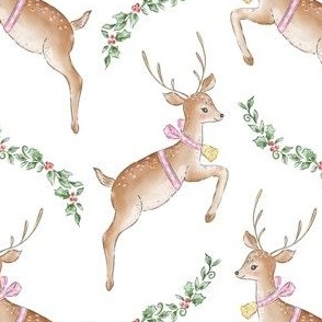 Christmas Pink Reindeer, Fawn, Deer, Vintage Retro Christmas 5" Pink Ribbon Bow Greenery Garland PF141E