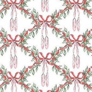 Christmas Ballet 4" Balletcore, Ballet Shoes, Dancing, Red Ribbon Bow, Greenery, Trellis, lattice, Scallop PF144B