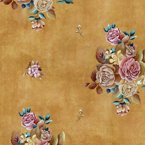 Vintage Floral Rose Bouquet - Yellow Ochre (Large Scale)