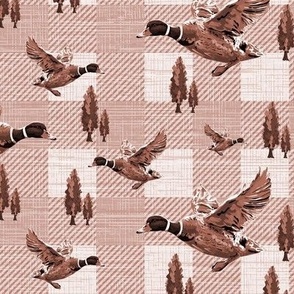 Chocolate Brown Farmhouse Gingham Check Toile Pattern, Flying Ducks Migrating, Mallard Duck Migration Scene