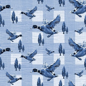Blue and White Gingham Check Toile Pattern, Flying Ducks Migrating, Mallard Duck Migration Scene