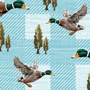 Blue Gingham Check, Farmhouse Flying Ducks Migrating, Mallard Migration Duck Scene, Lakeside Living Home decor