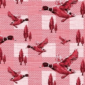 Wine Red Gingham Check Toile Pattern, Flying Ducks Migrating, Mallard Duck Migration Scene