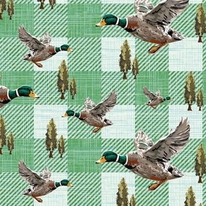 Wild Birds Gingham Check Pattern, Flying Ducks Migrating, Mallard Duck Migration Scene, Girl Farmer