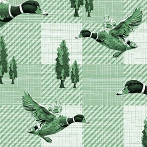 Emerald Green Gingham Check Toile Pattern, Flying Ducks Migrating, Mallard Duck Migration Scene, Girl Farmer