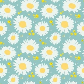 Tossed Spring Daisies on Sky Blue