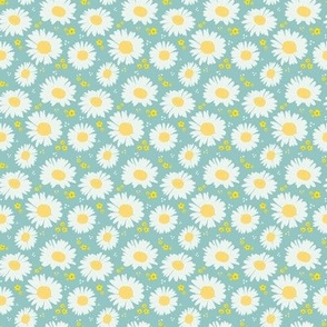 Tossed Spring Daisies on Sky Blue - Smaller Print