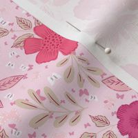 Flamingo Pink Candyfloss Pink Handdrawn Flowers Light Pink Background Beige Leaves
