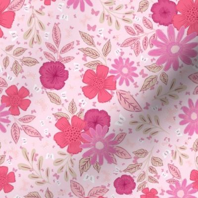 Flamingo Pink Candyfloss Pink Handdrawn Flowers Light Pink Background Beige Leaves