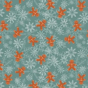 Mini - Cute Christmas Gingerbread Men & Festive Snowflakes - Sage Green