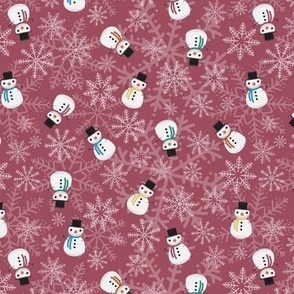 Mini - Cute Christmas Snowmen & Festive Snowflakes - Claret Red