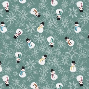 Mini - Cute Christmas Snowmen & Festive Snowflakes - Sage Green
