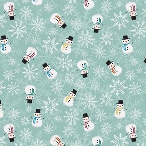 Mini - Cute Christmas Snowmen & Festive Snowflakes - Soft Mint Green
