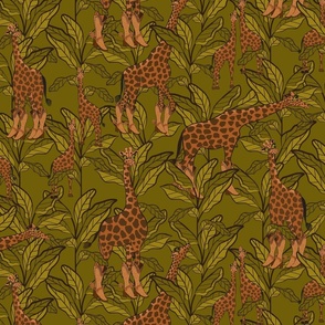 Giraffes in Leopard Print Cowgirl Boots on Olive Green Background