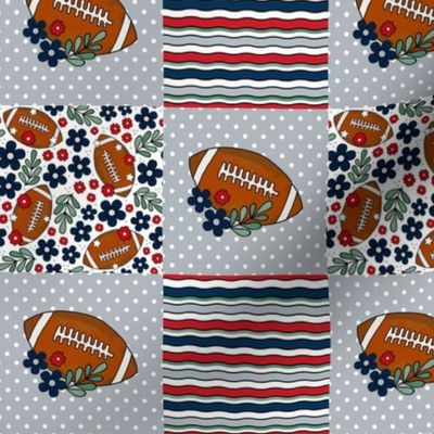 Smaller Patchwork 3" Squares Team Spirit Football Floral in New England Patriots Colors Red Navy Silver
