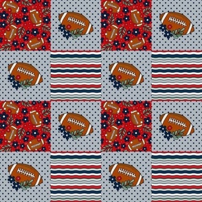 Smaller Patchwork 3" Squares Team Spirit Football Floral in New England Patriots Colors Red Navy Silver