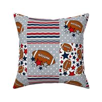 Bigger Patchwork 6" Squares Team Spirit Footballs and Stars in New England Patriots Colors Red Navy Silver