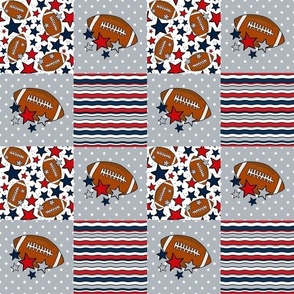 Smaller Patchwork 3" Squares Team Spirit Footballs and Stars in New England Patriots Colors Red Navy Silver