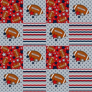 Bigger Patchwork 6" Squares Team Spirit Footballs and Stars in New England Patriots Colors Red Navy Silver